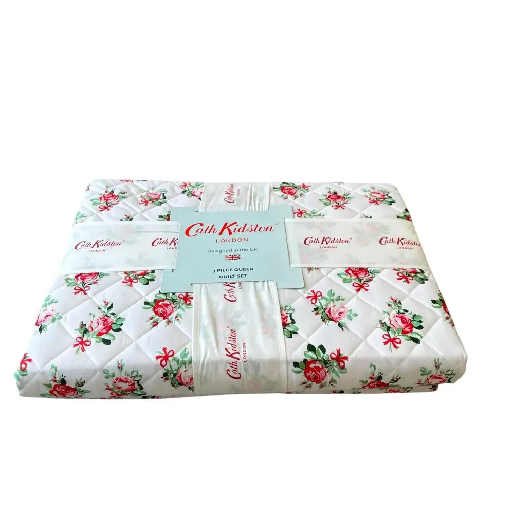 Cath Kidston London 3pc QUEEN Quilt & Sham Set Cottage Rose and Bows Pink NEW
